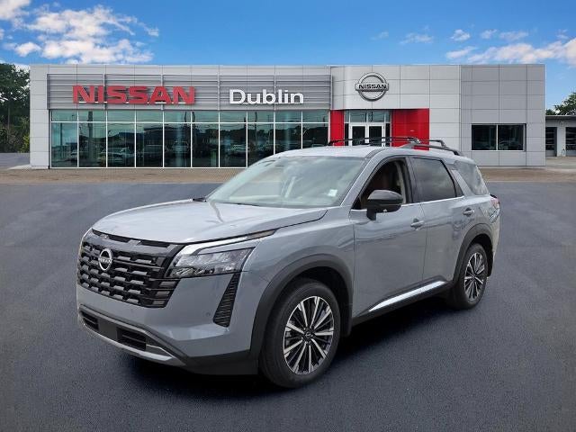 2026 Nissan Pathfinder Platinum in Boulder Gray Pearl — front three-quarter view